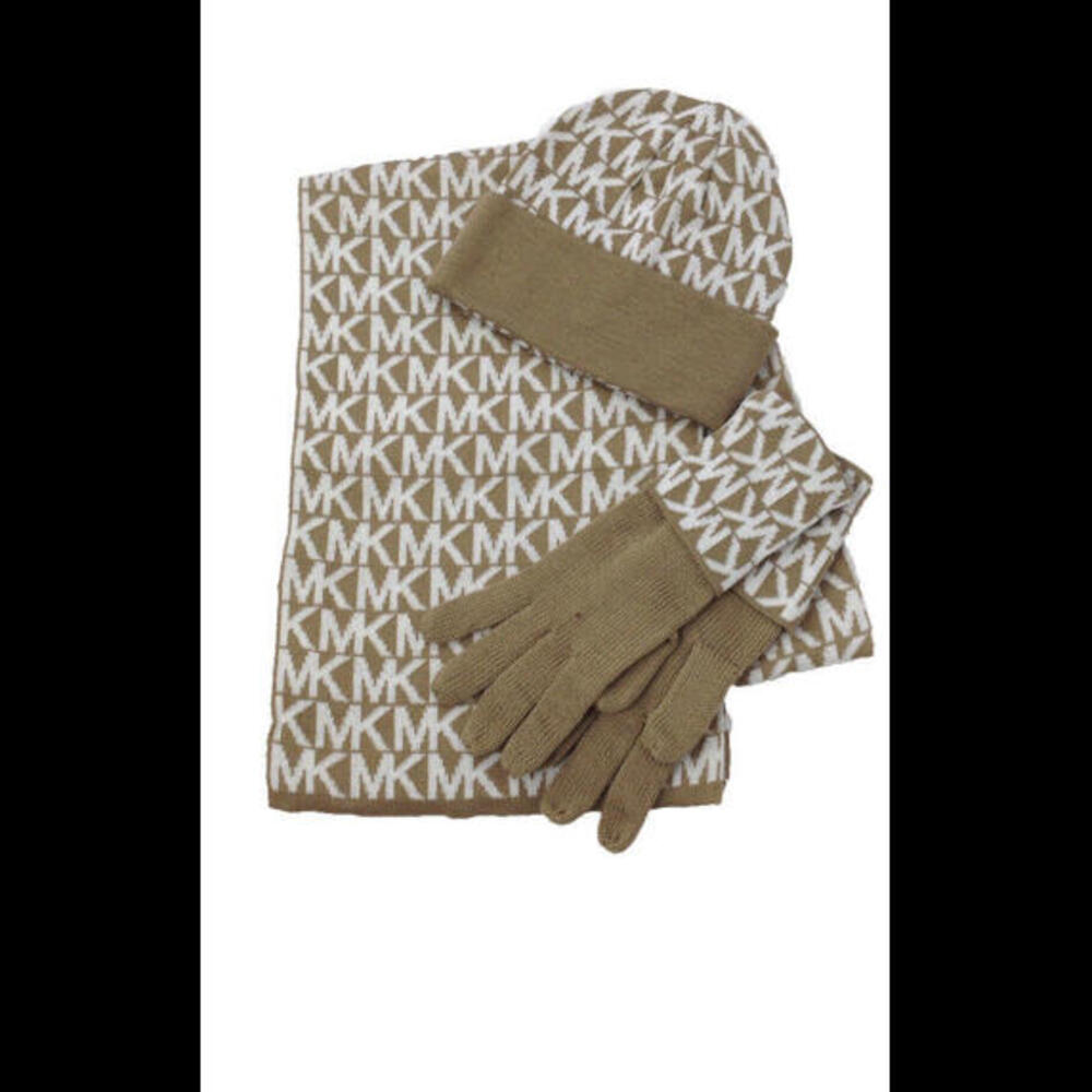 Michael Kors MK Repeat Logo Knit Scarf Hat & Gloves Boxed Set in Camel/Cream New